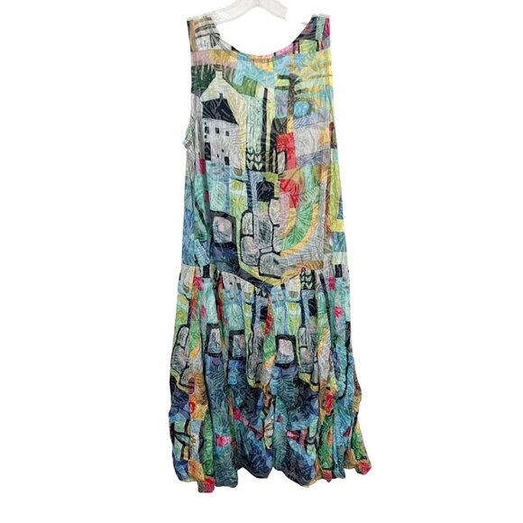 Shana Tie Up Poof Bubble Dress Multicolor Artsy Print Lagenlook Midi Size Medium - Picture 2 of 6